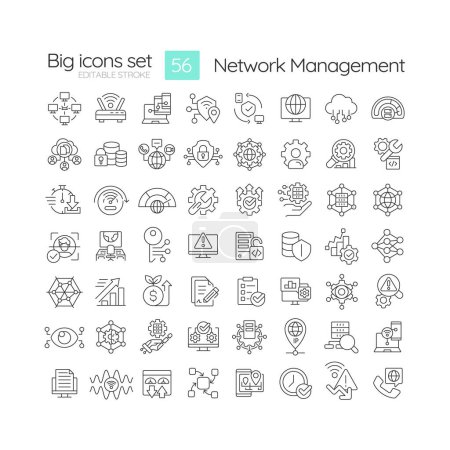 Network management linear icons set. System architecture, digital administration. Performance monitoring. Customizable thin line symbols. Isolated vector outline illustrations. Editable stroke