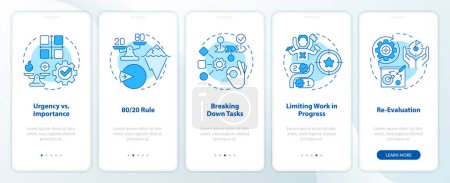 Prinzipien der Priorisierung Blue onboarding mobile App-Bildschirm. In 5 Schritten bearbeitbare grafische Anweisungen mit linearen Konzepten. UI, UX, GUI-Vorlage. Myriad Pro-Bold, Regular Fonts verwendet