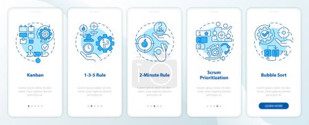 Prioritization tools blue onboarding mobile app screen. Walkthrough 5 steps editable graphic instructions with linear concepts. UI, UX, GUI template. Myriad Pro-Bold, Regular fonts used