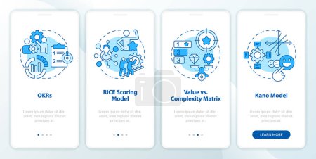 Prioritization frameworks blue onboarding mobile app screen. Walkthrough 4 steps editable graphic instructions with linear concepts. UI, UX, GUI template. Myriad Pro-Bold, Regular fonts used