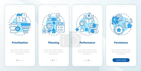 Time management prioritization blue onboarding mobile app screen. Walkthrough 4 steps editable graphic instructions with linear concepts. UI, UX, GUI template. Myriad Pro-Bold, Regular fonts used