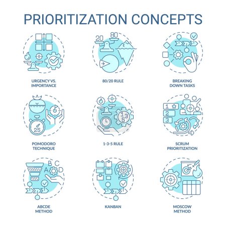Prioritization techniques soft blue concept icons. Time management. Icon pack. Vector images. Round shape illustrations for infographic, brochure, booklet, promotional material. Abstract idea