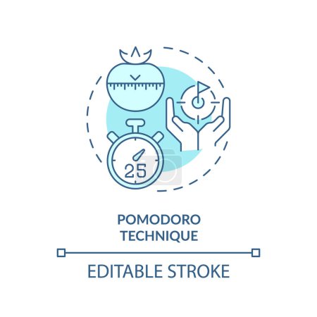Pomodoro-Technik weiches blaues Konzeptsymbol. Fokuskontrolle. Abbildung der runden Formlinie. Abstrakte Idee. Grafikdesign. Einfach zu bedienen in Infografik, Werbematerial, Artikel, Blog-Post