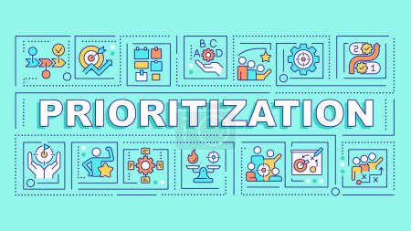 Illustration for Prioritization turquoise word concept. Time management. Focus control. Typography banner. Flat design. Vector illustration with title text, editable line icons. Ready to use. Arial Black font used - Royalty Free Image