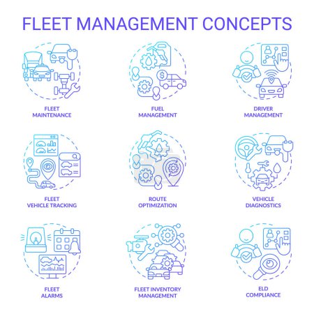 Fleet management blue gradient concept icons. Vehicle maintenance. Efficiency monitoring, inventory control. Operational cost reduce. Icon pack. Vector images. Round shape illustrations. Abstract idea