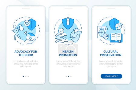 Rollen von NGOs blauer Onboarding-Bildschirm für mobile Apps. Human Rights Walkthrough 3 Schritte editierbare grafische Anweisungen mit linearen Konzepten. UI, UX, GUI-Vorlage. Myriad Pro-Bold, Regular Fonts verwendet