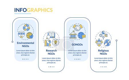 Types of NGOs blue rectangle infographic template. Nonprofits. Data visualization with 4 steps. Editable timeline info chart. Workflow layout with line icons. Lato-Bold, Regular fonts used