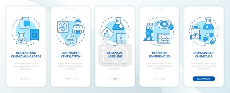 Science workplace safety blue onboarding mobile app screen. Walkthrough 5 steps editable graphic instructions with linear concepts. UI, UX, GUI template. Myriad Pro-Bold, Regular fonts used