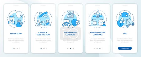 Chemicals administrative control blue onboarding mobile app screen. Walkthrough 5 steps editable graphic instructions with linear concepts. UI, UX, GUI template. Myriad Pro-Bold, Regular fonts used