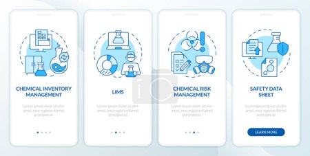 Science risk management blue onboarding mobile app screen. Walkthrough 4 steps editable graphic instructions with linear concepts. UI, UX, GUI template. Myriad Pro-Bold, Regular fonts used