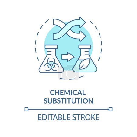 Icono de concepto azul suave de sustitución química. Reacción molecular, química. Síntesis ecológica, reducción de la contaminación. Ilustración de línea de forma redonda. Una idea abstracta. Diseño gráfico. Fácil de usar