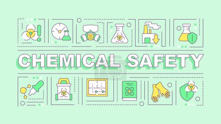 Chemical safety green word concept. Synthetic materials, toxic waste. Typography banner. Flat design. Vector illustration with title text, editable line icons. Ready to use. Arial Black font used