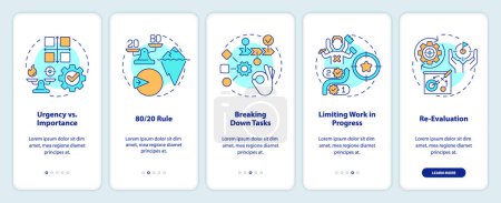 Prioritization principles onboarding mobile app screen. Walkthrough 5 steps editable graphic instructions with linear concepts. UI, UX, GUI template. Myriad Pro-Bold, Regular fonts used