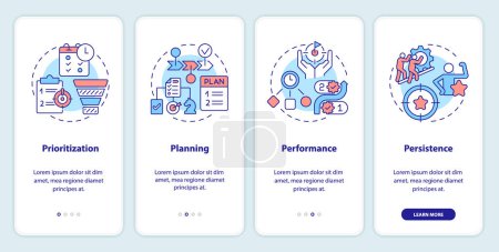 Time management prioritization onboarding mobile app screen. Walkthrough 4 steps editable graphic instructions with linear concepts. UI, UX, GUI template. Myriad Pro-Bold, Regular fonts used
