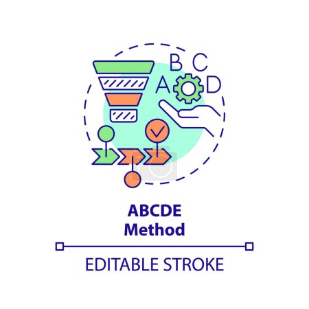 Méthode ABCDE icône concept multicolore. Gestion du flux de travail. Illustration de forme ronde. Idée abstraite. Conception graphique. Facile à utiliser dans l'infographie, matériel promotionnel, article, billet de blog