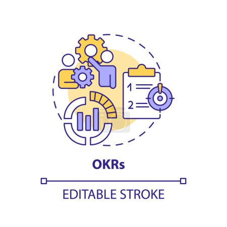 OKRs Methode mehrfarbiges Konzept-Symbol. Torlinientechnik. Abbildung der runden Formlinie. Abstrakte Idee. Grafikdesign. Einfach zu bedienen in Infografik, Werbematerial, Artikel, Blog-Post