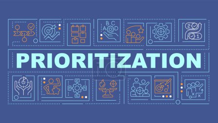 Prioritization blue word concept. Task management. Focus control. Typography banner. Flat design. Vector illustration with title text, editable line icons. Ready to use. Arial Black font used