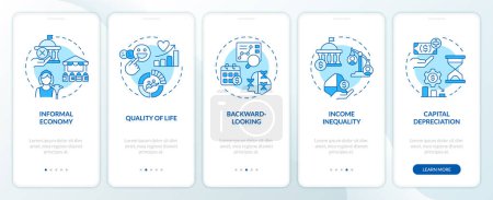 Positive economic growth blue onboarding mobile app screen. Walkthrough 5 steps editable graphic instructions with linear concepts. UI, UX, GUI template. Myriad Pro-Bold, Regular fonts used