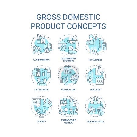 Gross domestic product soft blue concept icons. National economic. Government spending. Goods and services. Icon pack. Vector images. Round shape illustrations for brochure, booklet. Abstract idea