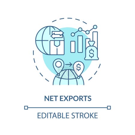 Netto exportiert weiches blaues Konzept-Symbol. Nationalökonomisch. Weltmarkt, BIP-Berechnung. Abbildung der runden Formlinie. Abstrakte Idee. Grafikdesign. Einfache Handhabung in Broschüre, Broschüre