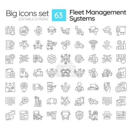 Illustration for Fleet management systems linear icons set. Vehicle monitoring, car maintenance. Customer service. Customizable thin line symbols. Isolated vector outline illustrations. Editable stroke - Royalty Free Image