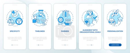 Employee recognition criteria blue onboarding mobile app screen. Walkthrough 5 steps editable graphic instructions with linear concepts. UI, UX, GUI template. Myriad Pro-Bold, Regular fonts used