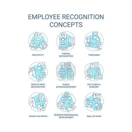 Illustration for Employee recognition soft blue concept icons. Team member appreciation. Workplace culture. Worker encouragement, motivation. Icon pack. Vector images. Round shape illustrations. Abstract idea - Royalty Free Image