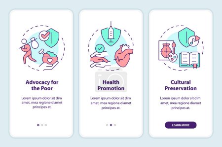 Roles of NGOs onboarding mobile app screen. Human rights walkthrough 3 steps editable graphic instructions with linear concepts. UI, UX, GUI template. Myriad Pro-Bold, Regular fonts used
