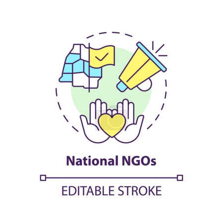 Nationale NGOs Multi-Color-Konzept Symbol. Nichtregierungsorganisation auf Länderebene. Regionale Gemeinschaft. Abbildung der runden Formlinie. Abstrakte Idee. Grafikdesign. Einfach in Artikel zu verwenden