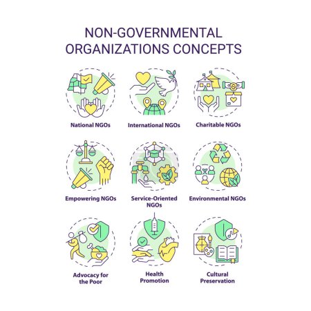 Non-governmental organizations multi color concept icons. Fighting for human rights. Social justice. Humanitarian aid. Icon pack. Vector images. Round shape illustrations. Abstract idea