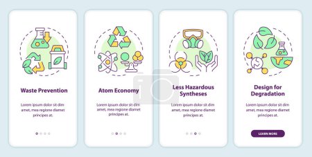 Illustration for Green chemistry key principles onboarding mobile app screen. Walkthrough 4 steps editable graphic instructions with linear concepts. UI, UX, GUI template. Myriad Pro-Bold, Regular fonts used - Royalty Free Image