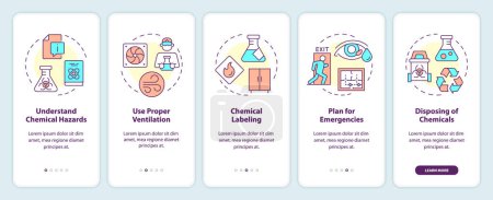 Illustration for Lab workplace safety organization onboarding mobile app screen. Walkthrough 5 steps editable graphic instructions with linear concepts. UI, UX, GUI template. Myriad Pro-Bold, Regular fonts used - Royalty Free Image