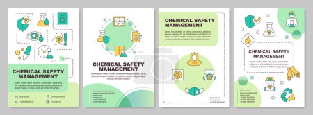 Plantilla de folleto de círculo verde de gestión de la seguridad química. Diseño de folleto con iconos lineales. Editable 4 diseños de vectores para la presentación, informes anuales. Arial-Bold, Myriad Fuentes Pro-Regular utilizadas