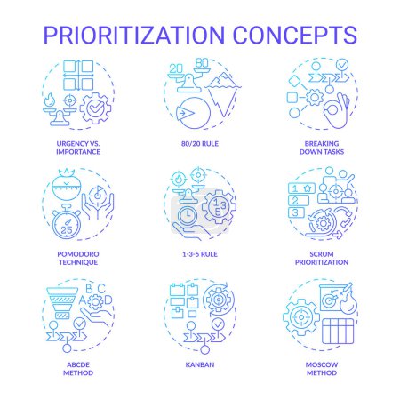 Prioritization techniques blue gradient concept icons. Time management. Icon pack. Vector images. Round shape illustrations for infographic, brochure, booklet, promotional material. Abstract idea
