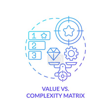 Wert vs. Komplexität blaues Gradienten-Konzept-Symbol. Projektmanagement. Abbildung der runden Formlinie. Abstrakte Idee. Grafikdesign. Einfach zu bedienen in Infografik, Werbematerial, Artikel, Blog-Post