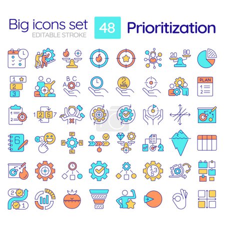 Prioritization RGB color icons set. Time management. Task organization. Pareto principle, process optimization. Isolated vector illustrations. Simple filled line drawings collection. Editable stroke
