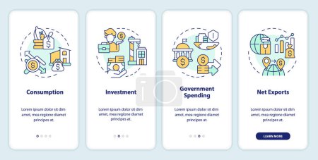 GDP expenditure calculating method onboarding mobile app screen. Walkthrough 4 steps editable graphic instructions with linear concepts. UI, UX, GUI template. Myriad Pro-Bold, Regular fonts used