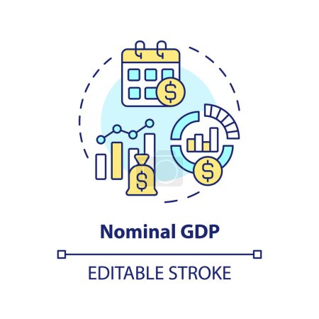 Illustration for Nominal gdp multi color concept icon. Economic indicator. Goods and services. National economy. Round shape line illustration. Abstract idea. Graphic design. Easy to use in brochure, booklet - Royalty Free Image