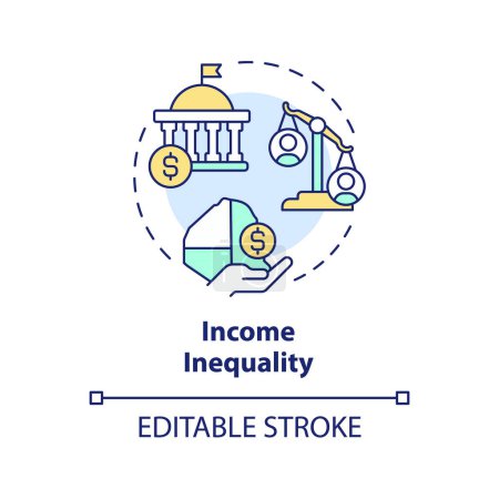 Icono de concepto multicolor de desigualdad de ingresos. Salarios y diferencias salariales. Calidad de vida, estabilidad financiera. Ilustración de línea de forma redonda. Una idea abstracta. Diseño gráfico. Fácil de usar en folleto, folleto