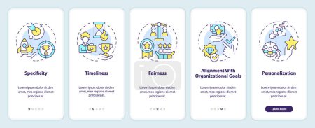 Employee recognition criteria onboarding mobile app screen. Walkthrough 5 steps editable graphic instructions with linear concepts. UI, UX, GUI template. Myriad Pro-Bold, Regular fonts used