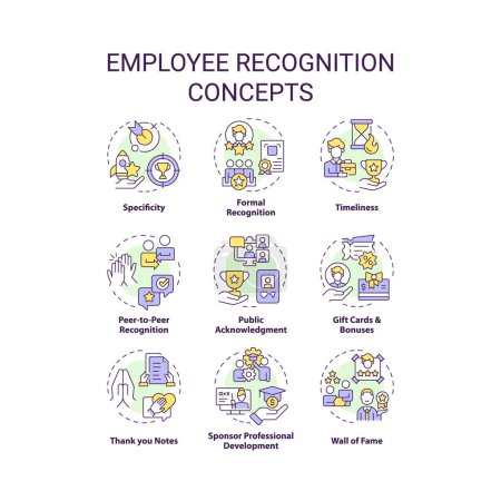 Illustration for Employee recognition multi color concept icons. Team member appreciation. Workplace culture. Worker encouragement. Icon pack. Vector images. Round shape illustrations. Abstract idea - Royalty Free Image
