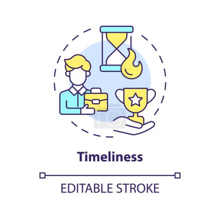 Timeliness multi color concept icon. Employee recognition criteria. Prompt appreciation. Boost morale. Time management. Round shape line illustration. Abstract idea. Graphic design. Easy to use