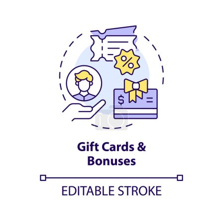 Gift cards and bonuses multi color concept icon. Employee recognition. Work bonuses and perks. Team members appreciation. Round shape line illustration. Abstract idea. Graphic design. Easy to use