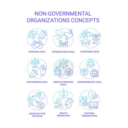 Non-governmental organizations blue gradient concept icons. Fighting for human rights. Social justice. Humanitarian aid. Icon pack. Vector images. Round shape illustrations. Abstract idea