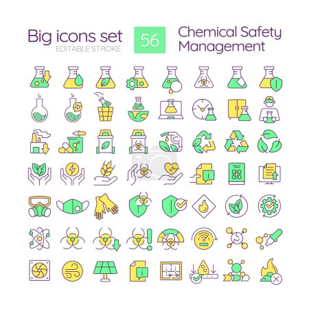 Conjunto de iconos de color RGB de gestión de seguridad química. Química verde. Equipo de protección personal. Reacciones químicas. Ilustraciones vectoriales aisladas. Colección de dibujos de línea rellenos simples. Carrera editable
