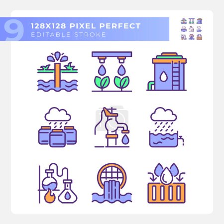 Illustration for Water industry related RGB color icons set. Water collection, distillation. Wastewater treatment. Isolated vector illustrations. Simple filled line drawings collection. Editable stroke. Pixel perfect - Royalty Free Image