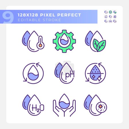 Water drops RGB color icons set. Water molecule and composition. Ph balance. Water purity. Isolated vector illustrations. Simple filled line drawings collection. Editable stroke. Pixel perfect