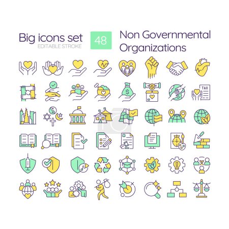 Non governmental organization RGB color icons set. Human rights. Nonprofits. Community service. Isolated vector illustrations. Simple filled line drawings collection. Editable stroke