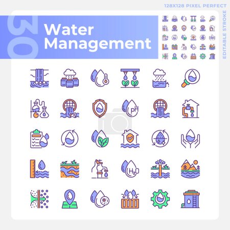 Conjunto de iconos de color RGB de gestión del agua. Industria del agua. Aguas subterráneas. Conservación del agua. Ilustraciones vectoriales aisladas. Colección de dibujos de línea rellenos simples. Un derrame cerebral. Pixel perfecto