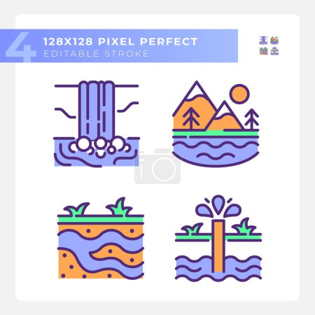 Illustration for Natural water bodies RGB color icons set. Natural resources. Scenic view. Groundwater. Isolated vector illustrations. Simple filled line drawings collection. Editable stroke. Pixel perfect - Royalty Free Image